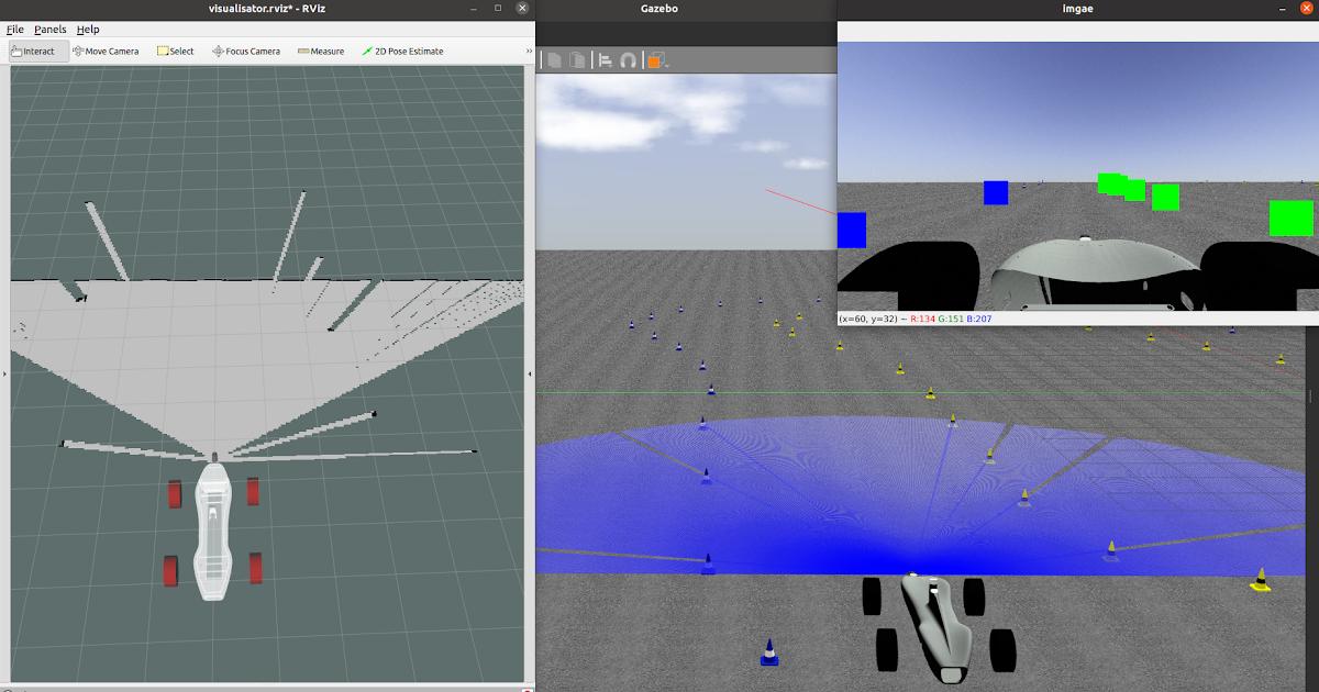 Team Defianz simulator showing LiDAR point clouds, fused track boundaries, and camera-based cone detections around the autonomous race car
